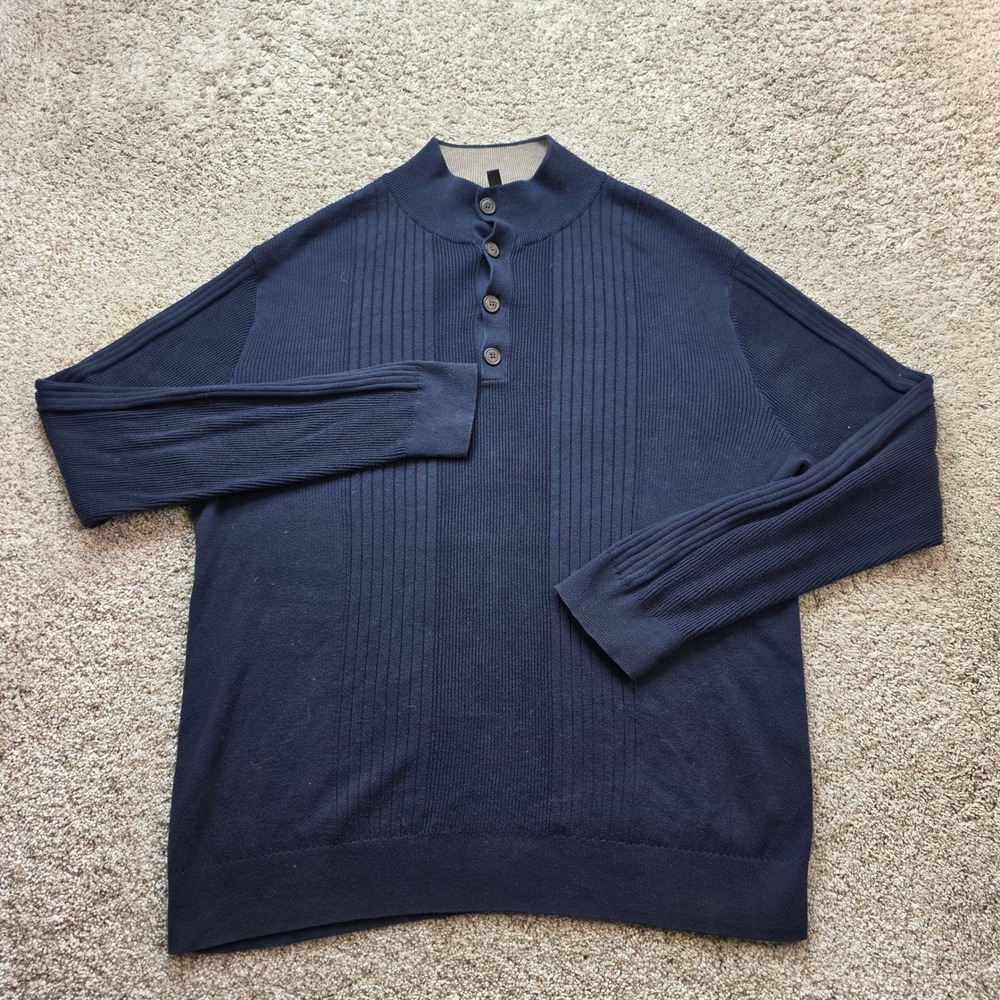 Banana Republic Henley Sweater Mens Large Navy Blue Ribbed Mock Neck Cotton